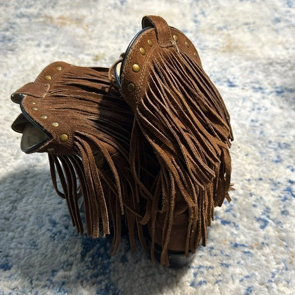 Smokey Mountain Boots brown suede fringe‎ beads leather lining Western Sz 3.5